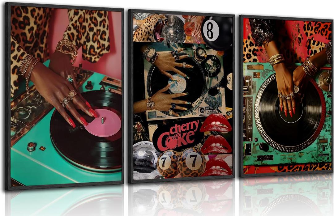 3Pcs Trendy Black Woman Wall Art Fashion Black Girl Leopard Picture Wall Decor Vintage Music DJ Record Aesthetic Poster African American y2k Art Painting Canvas Prints Artwork for Living Room Bedroom