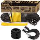 Synthetic Winch Rope Kit, 1/4in x 50ft 9500LBS Cable + Forged 13500LBS Winch Hook + Rubber Stopper + Safety Pull Strap, Yellow