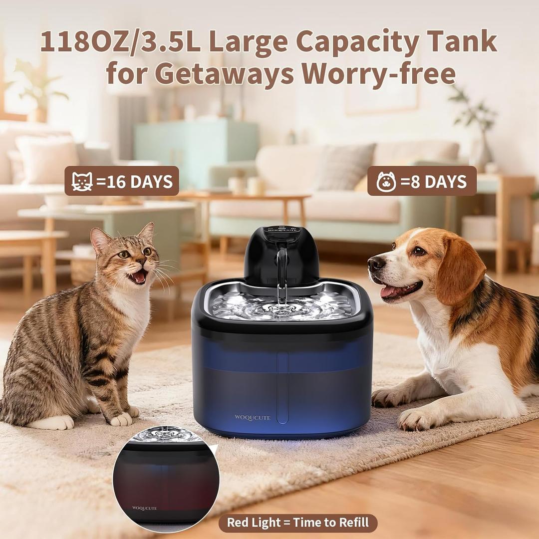 Cat Water Fountain Cordless 118oz/3.5L Wireless & Ultra Quiet (25dB) with Sensor/Timer Mode Stainless Steel Tray Battery Operated Pet Fountain for Indoor Use, Automatic Pet Water Dispenser