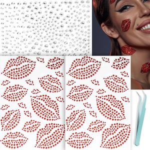 NOOEPC Red Face Gems Self-Adhesive Face Jewels, Red Face Glitter Lip Hair Gems, Festival Kiss Stickers, Face Rhinestone Stickers for Makeup, Eye, Hair, Body, Rave Accessories