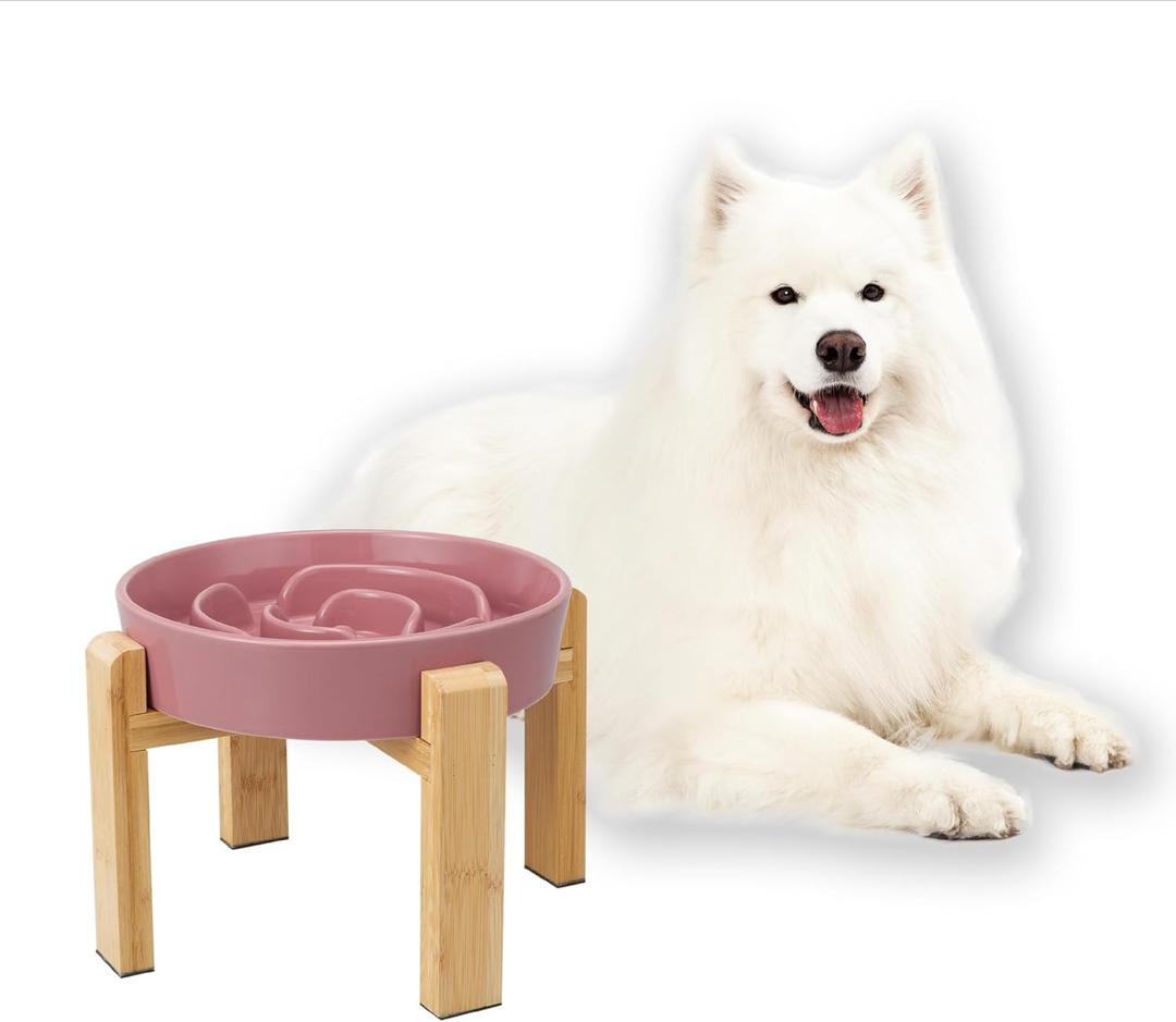 Elevated Slow Feeder Dog Bowl - Ceramic Food Dish with Bamboo Stand - Raised Maze Design - Ideal for Medium to Large Dogs - Pink - 8.8 inch (2.5 CUP)