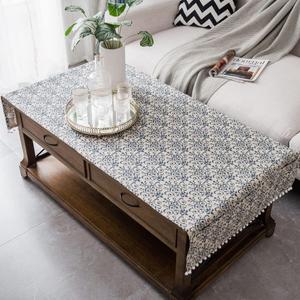 Coffee Table Cloth Rustic Style Living Room Center End Table Cover with Pocket, Cotton Linen Tablecloth (Blue Flower,23.663 Inch)
