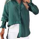 Women's Striped Button Down Shirts Long Sleeve Smocked Cuffed Oversized Boyfriend Blouses Collared Work No Pockets Tops, Size XL