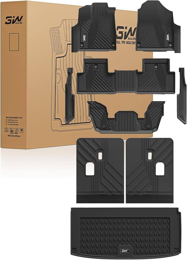 3W Floor Mats & Cargo Liner for Acura MDX 2022-2024 2025 2026, TPE Custom Fit Floor Liner & Trunk Mats & Backrest Mat, All Weather Acura MDX Accessories Car Mats 1st, 2nd and 3rd Row, Black
