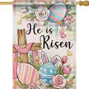 Artofy Christian He is Risen Easter Eggs Large Decorative House Flag, Religious Cross Flower Floral Yard Garden Outside Decor, Spring Plaid Farmhouse Burlap Outdoor Home Decoration Double Sided 28x40