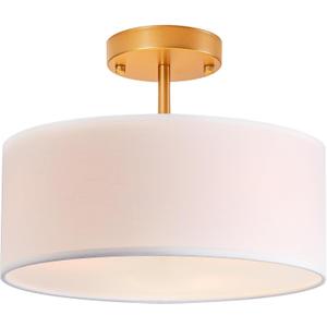 Bargeni Semi Flush Mount Ceiling Light,13 inch Drum Ceiling Light Fixture,Gold Light Fixtures Ceiling Mount with White Fabric Shade, 3-Light Modern Ceiling Light for Bedroom,Living Room and Kitchen