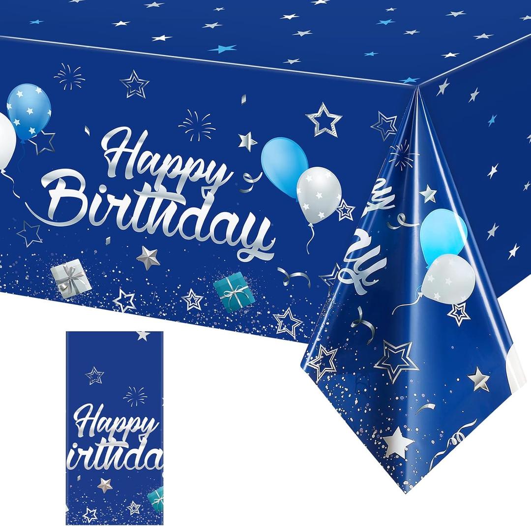 Tegeme Navy Blue Party Supplies Stars Happy Birthday Tablecloths Blue Starry Confetti Table Covers for Kids Boys Girls Baby Shower Birthday Party Decorations(Navy Blue and Silver,1 Pack)