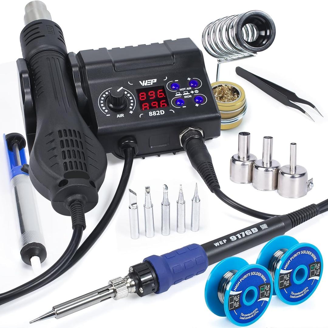 WEP 882D Soldering Iron Station 2-IN-1 SMD Hot Air Rework Station with 2 Spools of Solder Wire, 5 Soldering Tips, 3 Hot Air Nozzles, Brass Wool Tip Cleaner, Tweezers, Desoldering Pump