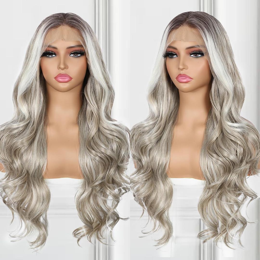 Grey Lace Front Wig for Women 13x4 Body Wave Synthetic Wigs Highlight Pre-plucked Long Wavy 150% Density Natural Heat Resistant Hair Daily Party Use 26 Inch Highlight Grey
