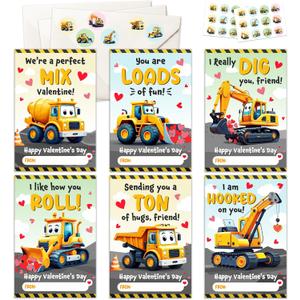 MAPDTWO 36 Packs Construction Valentines Day Cards - Construction Valentines Day Card for Classroom School, Boys, Children - 3.2''x 4.7'' Cute 6 Designs Exchange Cards