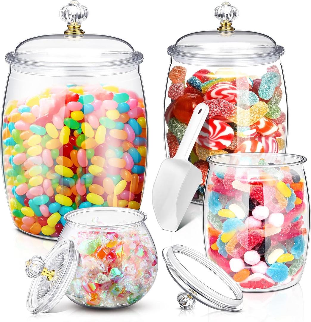 Nuogo 4 Pcs Plastic Candy and Cookie Jars with Lids Clear Cookie Container Candy Jars Large Airtight Apothecary Storage Organization for Wedding Home Kitchen Bar (30/42/64/128 oz)