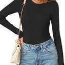 MEROKEETY Women's Long Sleeve Ribbed Bodysuits Crew Neck Slim Body Suits 2025 Knit Sweater Tops (Large, Black)