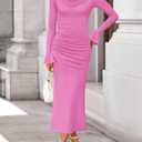 ZESICA Women's 2026 Fall Long Sleeve Ruched Knit Bodycon Maxi Dress Cowl Neck Back Slit Formal Wedding Guest Cocktail Dresses (Pink, S)