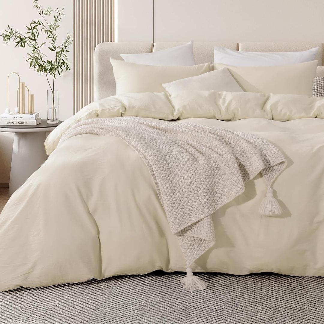 NEXHOME PRO Duvet Cover Set Oversized Queen 98"x98" Linen Feel Textured Cream Grey Organic Natural 100% Washed Cotton Duvet Cover 3 Pieces Bedding Set Zipper Closure, Breathable (No Comforter)