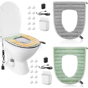 Enhon Heated Toilet Seat Cover, USB Powered Toilet Seat Warmer with Charger, 5 Speed Adjustable Temperature and Timing Function, Comes with Adhesive Shelf & Cable Clips(2 Pack,Gray + Green)