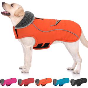 SUNFURA Small Dog Coat, Warm Dog Jacket with Zippered Leash Hole, Reflective Pet Winter Coat Fleece Jacket with Adjustable Furry Collar for Small Dogs Schnauzer, Yorkshire Terrier, Orange S