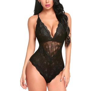 Avidlove Women Snap Crotch Lingerie Sexy Lace Bodysuit Deep V Teddy One Piece Lace Babydoll, XL