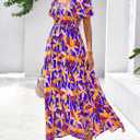 BTFBM Womens Spring 2026 Casual Maxi Dresses Short Sleeve Smocked Tiered Floral Boho Long Beach Dress with Pockets (M)