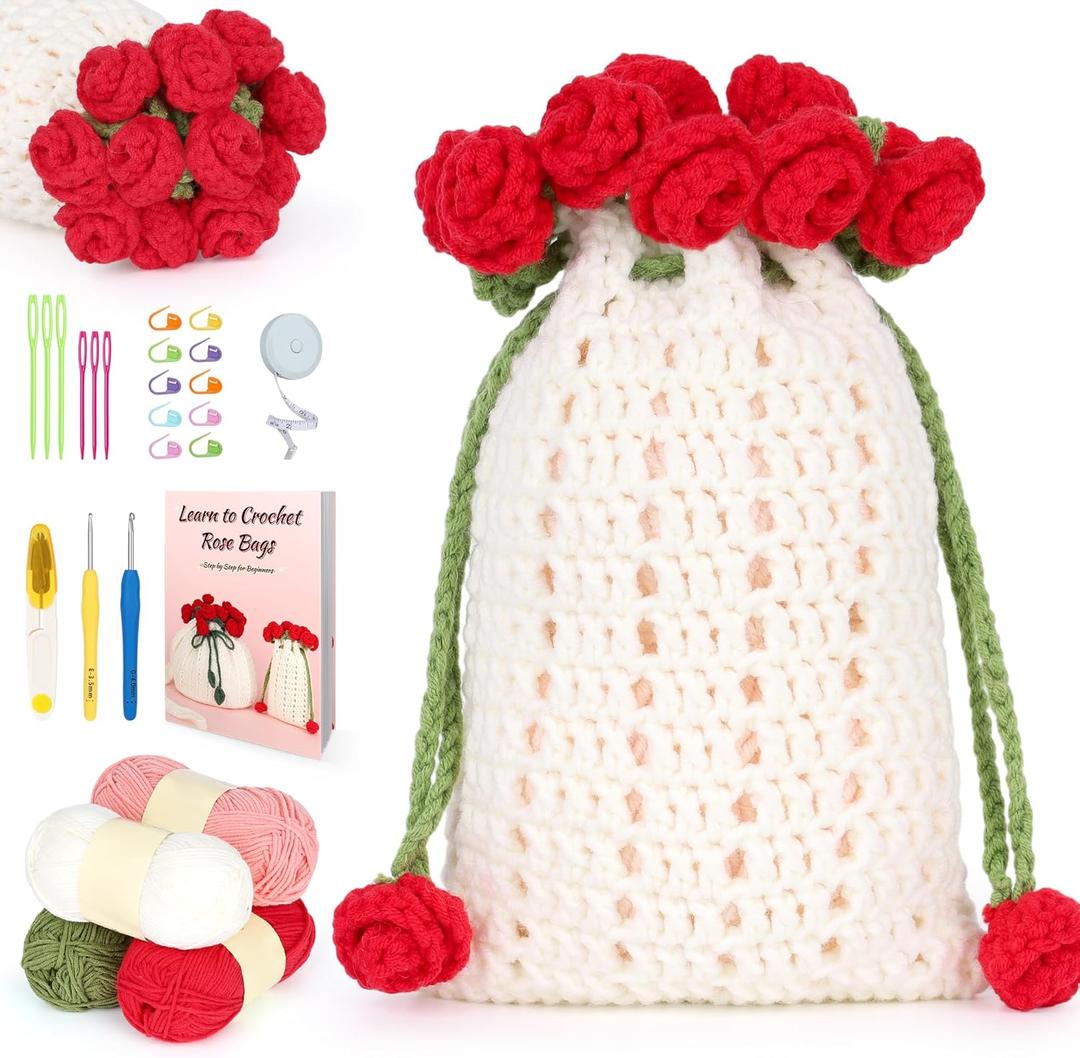 Katech Crochet Kit for Beginners - Crochet Flowers Bouquet Bag Bag Kit Includes Yarn, Hooks, Step-by-Step Guide, Needles & Accessories - Adults Crochet Starter Gift (white-red rose)