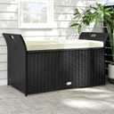 YITAHOME 90 Gallon Outdoor Wicker Storage Bench w/Cushion, Large PE Rattan Deck Storage Box w/Handles & Hydraulics for Patio Furniture, Cushions, Garden Tools, Pool & Sports Equipment, Black&Beige