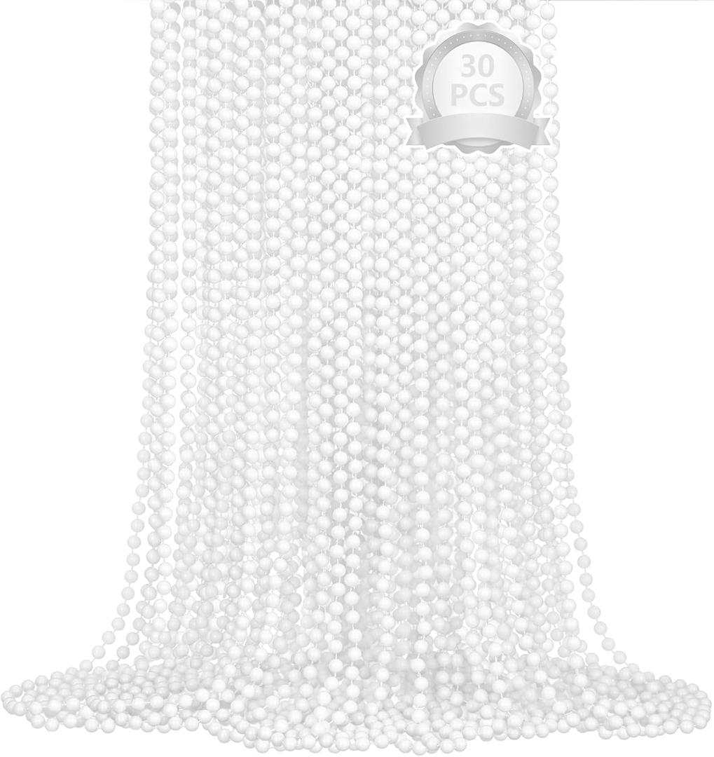 SHAOQINLIN 30 PCS White Bead Necklaces, 33" White Mardi Gras Christmas Beads Necklace, 4th of July Necklaces, Parade Throws Accessories for Christmas Independence Day New Year Party Favors