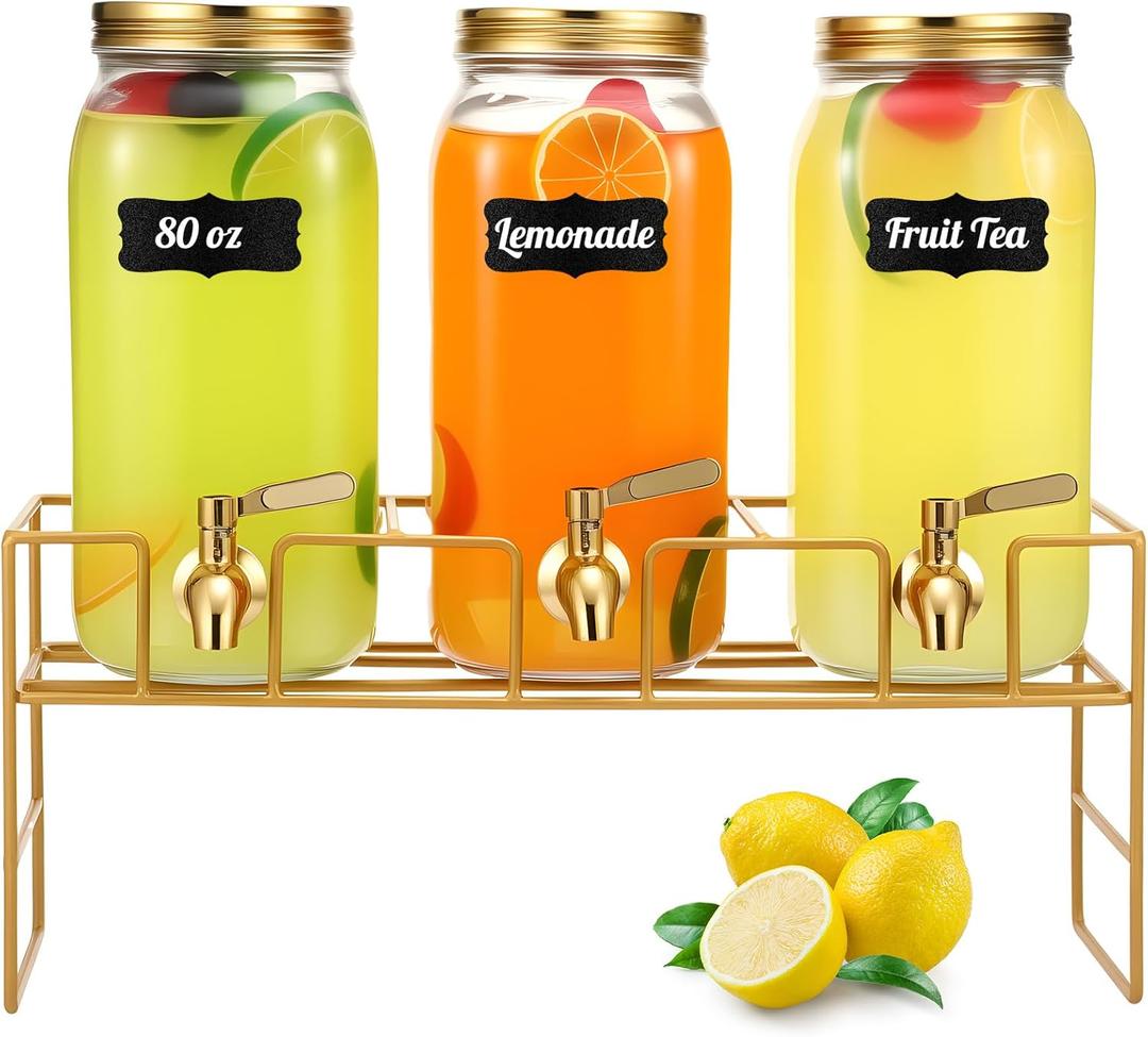 3 Pack 80 oz Glass Beverage Dispenser with Stand Clear Mason Jar Water Dispenser for Party, Fridge Includes Leakproof Stainless Steel Spigot, Black Lid and Label (Gold)