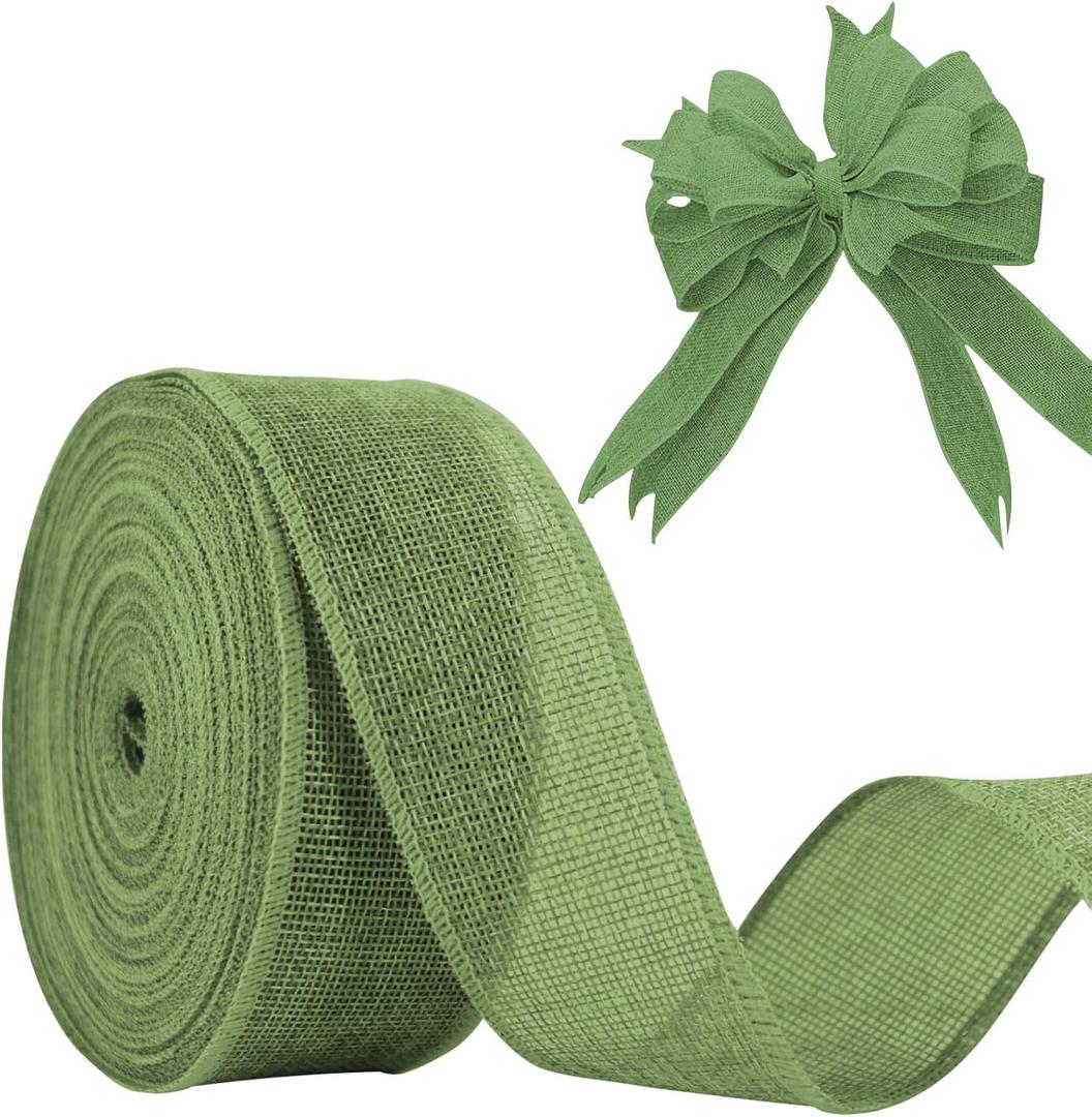 Sage Green Burlap Ribbon 2 inch X 20 Yard Natural Linen Woven Ribbon DIY Handmade Wired Edging Production Wreath Holiday Decoration for Gift Wrapping Jute Linen Ribbons
