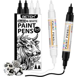Betem 4 Count Dual Tip Oil Based Black White Paint Pen(0.7mm & 3mm), White Permanent Marker Black Paint Markers, Waterproof, Quick Dry, for Fabric, Rock Painting, Wood, Plastic, Ceramic, Metal, Canvas