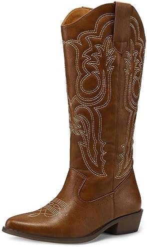 mysoft Women's Cowboy Boots Mid Calf Cowgirl Embroidered Western Pointed Toe Chunky Heel Pull On Knee High Boots 9_1.2