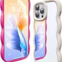 2 Pack Mirror Case for iPhone 14 Pro Max, with Curly Wave Frame Phone Cover Shockproof Protective Cover for iPhone 14 Pro Max Women Girl Makeup, Hot Pink