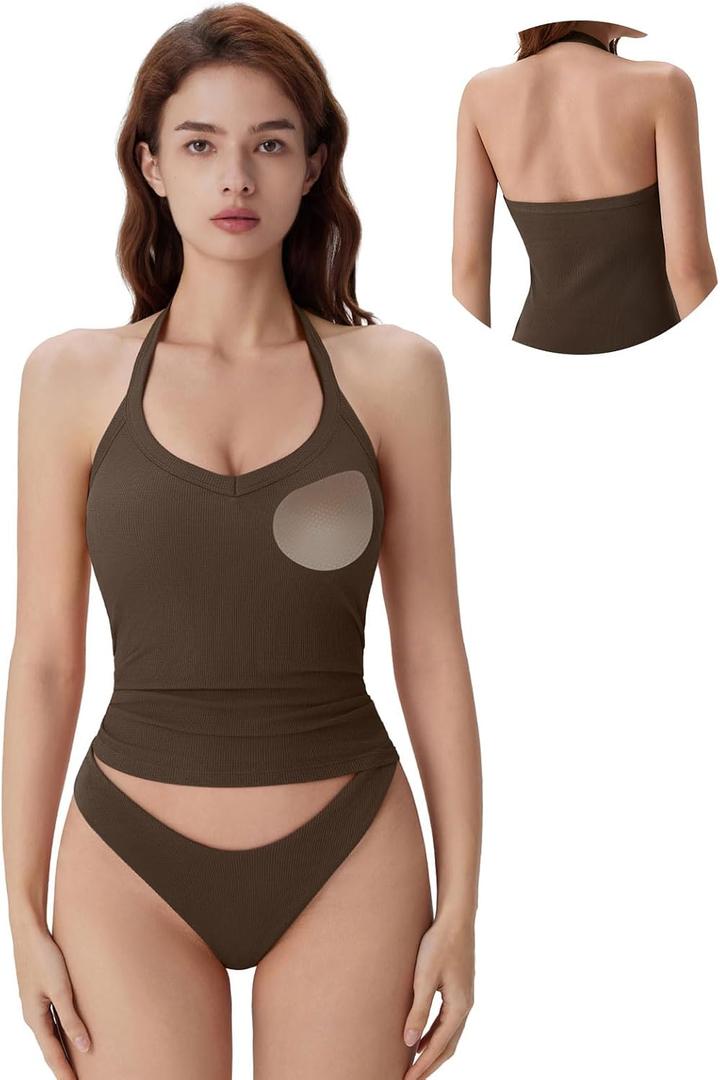 SUUKSESS Halter Tank Top for Women with Built in Bra Cotton Ribbed V Neck Cami (Brown, M)
