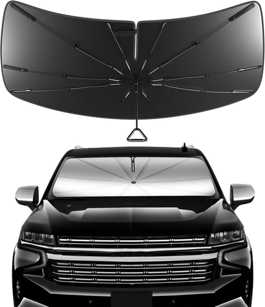 Windshield Sun Shade Umbrella for Chevrolet Suburban/Tahoe 2021-2024, GMC Yukon 2021-2023, Cadillac Escalade 2021-2023. Foldable Umbrella Sunshade with Silver Heat Shield UDS