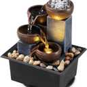 Tabletop Fountain 4 Level Tabletop Waterfall Indoor Meditation Fountain Office Home Relax Desktop Waterfall Pool Includes Many Natural River Rocks LED Lights Fixed Decorative Bubble Ball, Brown