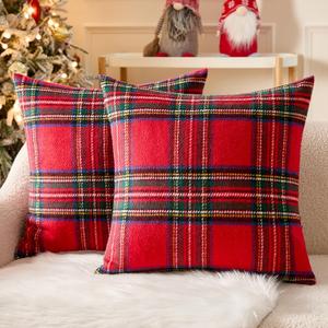 MIULEE Christmas Plaid Decorative Throw Pillow Covers Set of 2 Scottish Tartan Vintage Farmhouse Winter Cuhion Case Pillow Covers for Couch livingroom Sofa Bed Porch Home Decor 18x18inch Red
