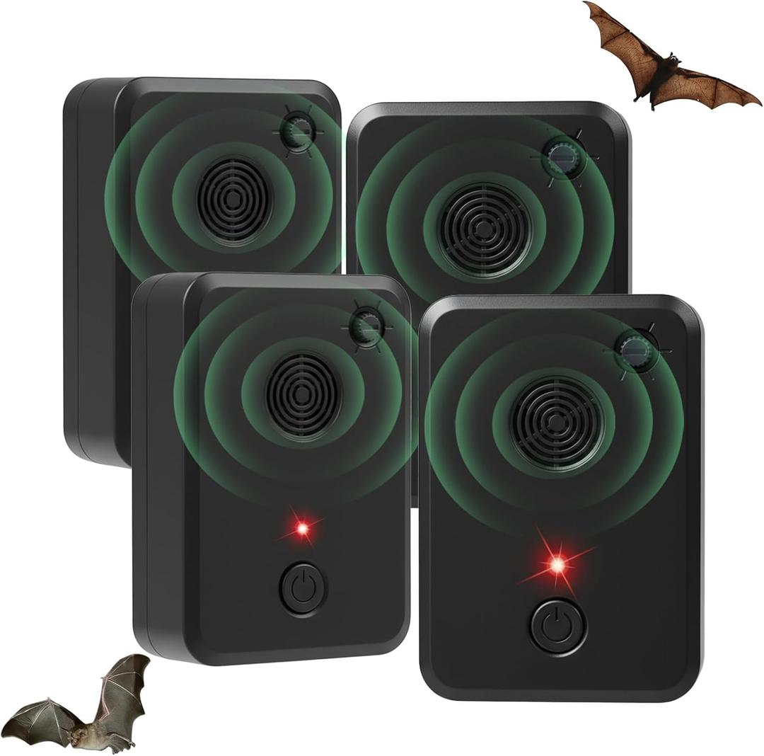 4 Pcs Ultrasonic Bat Repellent Deterrents Devices, Plug in Bat Repeller Bats Keep Away Reject Repelling System Removal Device for Attic Porch House Indoor,Human and Pet Safe,Black