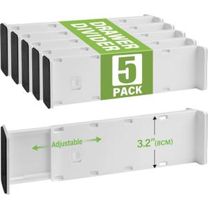 5 Pack Drawer Dividers 3.2" High Slim Organizers Expandable 10.8-17.9" Adjustable Separators for Shallow Drawers Kitchen Utensils Baby Clothes Underwear Storage-White(Short)