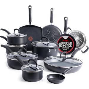 T-Fal Ultimate Hard Anodized Nonstick Pots and Pans Set 17 Piece, Nonstick Cookware Set with Fry Pan, Saucepans, Saute-Pan, Griddle, Dishwasher Safe, Onyx