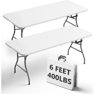 6FT Folding Table 2 Pack, Heavy Duty Plastic Table with Handel, 400 lbs Portable Table, Reinforced Steel Legs, Fold-in-Half Table Ideal for Parties, Picnics, Weddings, Camping White