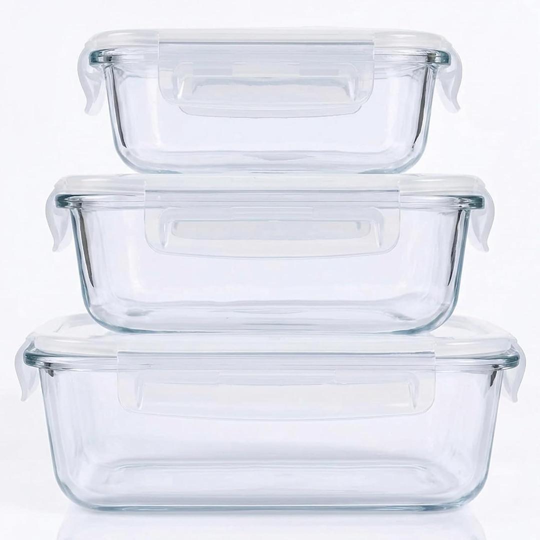 Pmssypl Glass Food Storage Containers with Airtight Lids, 3Piece Set, Stackable Meal Prep Containers (Transparent White)