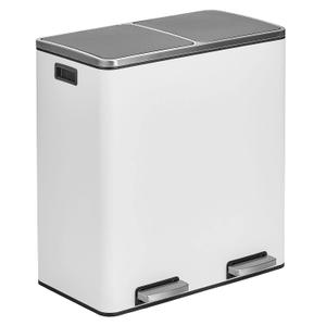 mDesign Metal Steel 16 Gallon/60-Liter, Large Dual Compartment Step Trash Can; Double Bin Trash Can/Recycler Combo for Kitchen; Holds Garbage, Recycling; Features Two Removable Liner Buckets - White