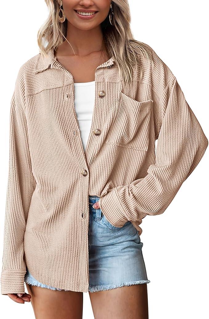 Fashion Women's Button Down Shirts 2025 Fall Long Sleeve Textured Stripe Tops Oversized Shacket Jacket Knit Blouses XL