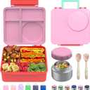 Bento Box for Kids - Leak-Proof Bento Lunch Box with Insulated Thermos Food Jar - 4 Compartments, 1 Removable Divider, 1Spoon, 1 Fork - Dishwasher Safe, BPA-Free (Pink)