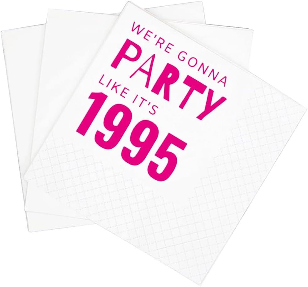 SharkBliss Funny 30th Birthday Cocktail Napkins, 100 Pack Pink We're Gonna Party Like It's 1995 Disposable Paper Beverage Cocktail Napkins for Women Her 30th Birthday Party, 2-Ply, 5x5" (1995 Pink)
