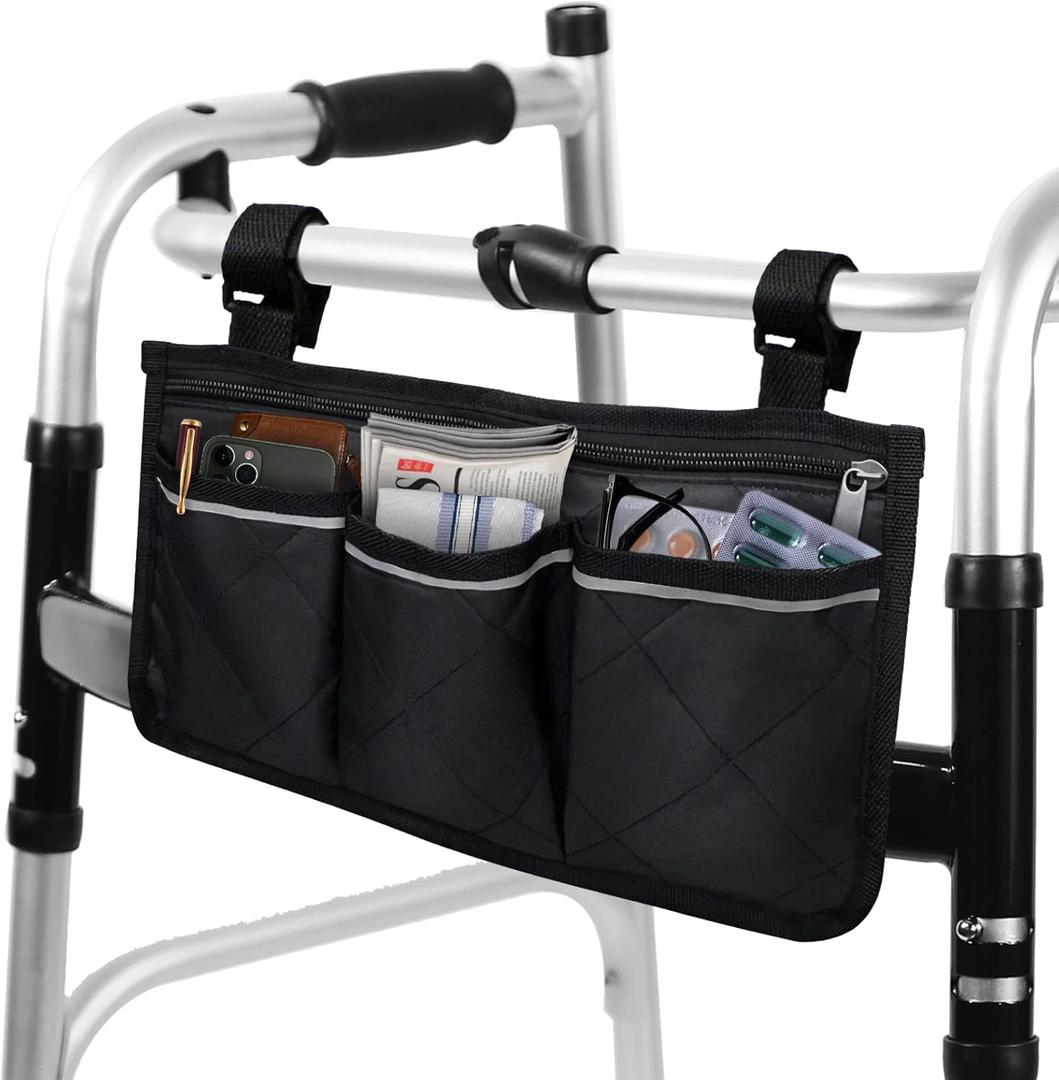 Walker Bag for Folding Walker - Walker Pocket Pouch with Reflective Safety Strips for Night Visibility, Universal Walker & Wheelchair Storage Bag with 2 Adjustable Straps, 13x7" Compact Size (Black)