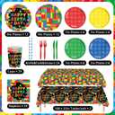 206PCS Building Block Birthday Party Supplies, Plates, Napkins, Cups, Cutlery, Cake & Cupcake Toppers, Banner, Hanging Swirls, Tablecloth, Balloons for Boys Birthday Party Decorations Serve 24 Guests