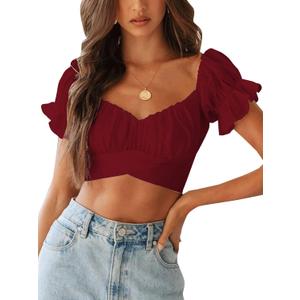 LYANER Women's Ruffle Short Sleeve Tie Up Back Crop Top Off Shoulder Bardot Blouse (Burgundy) XS
