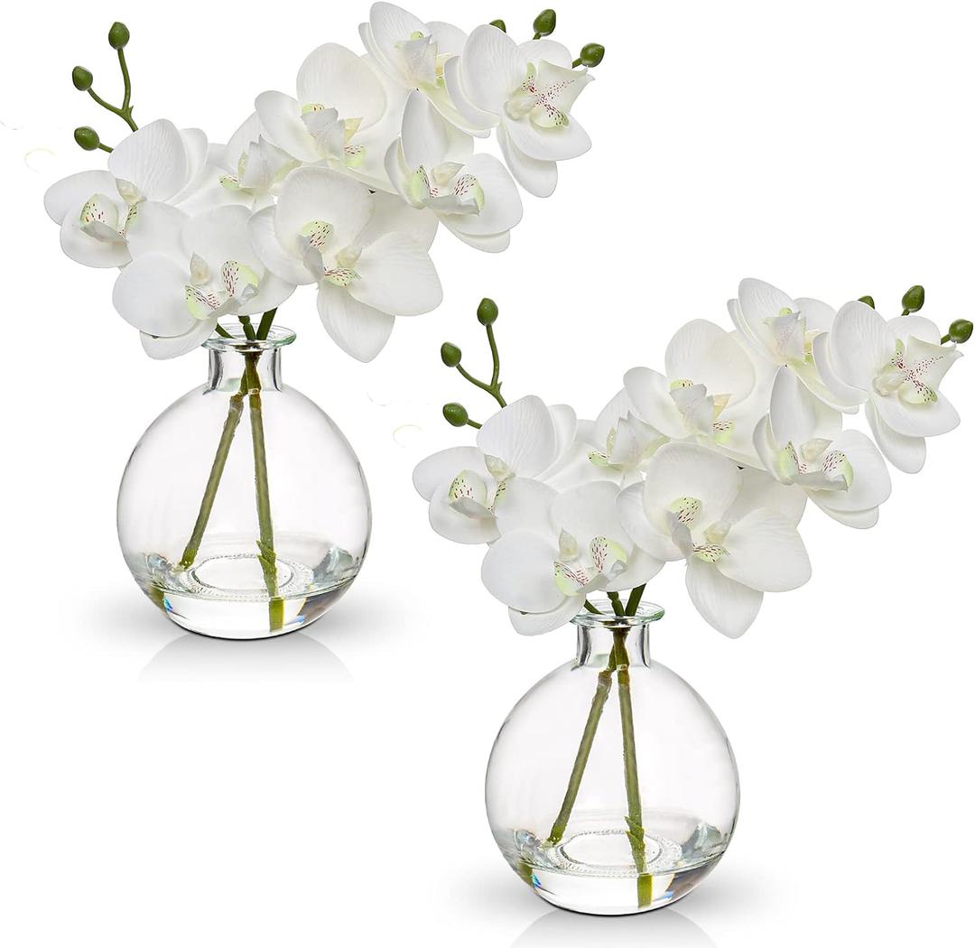 Oairse White Orchids Artificial Flowers Faux Orchid Arrangement with Clear Glass Vase Set of 2 Real Touch Phalaenopsis Orchid Flowers Orchid Centerpiece for Dining Room Table