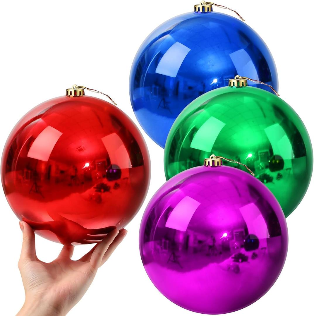 Zubebe 4 Pcs Extra Large Christmas Ball Ornaments 8'' (200 Mm) Giant Oversized Commercial Grade Plastic Balls Xmas Hanging for Outdoor Indoor Holiday Decor(Shiny Red Purple Green Blue)