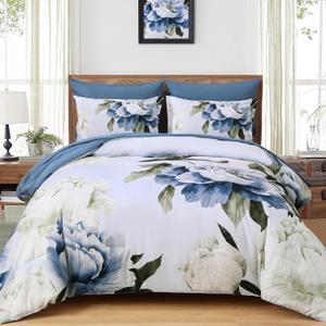 Dobuyly Blue Queen Comforter Set 7 Piece Bed in a Bag Queen, Blue Floral Print on Light Blue Comforter Set with Sheets, Soft Microfiber Complete Bedding Set for All Season