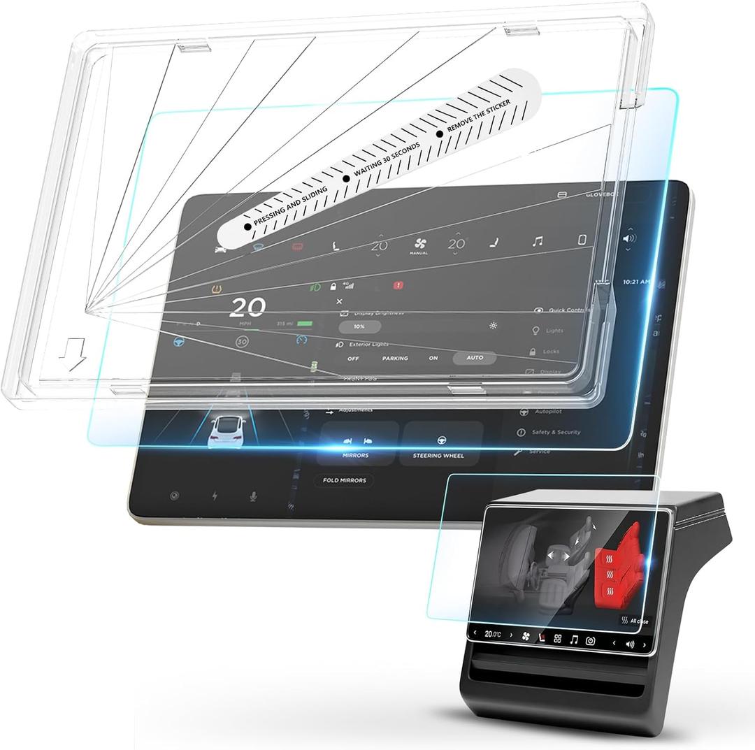 Tempered Glass Screen Protector Front/Rear Screen Fit for Tesla New Model Y Juniper & 2024-2026 Model 3 Highland, No More Glare& Fingerprint, Tempered Glass Protector with Alignment Kit,Front& Rear Protector - [2-Pack]